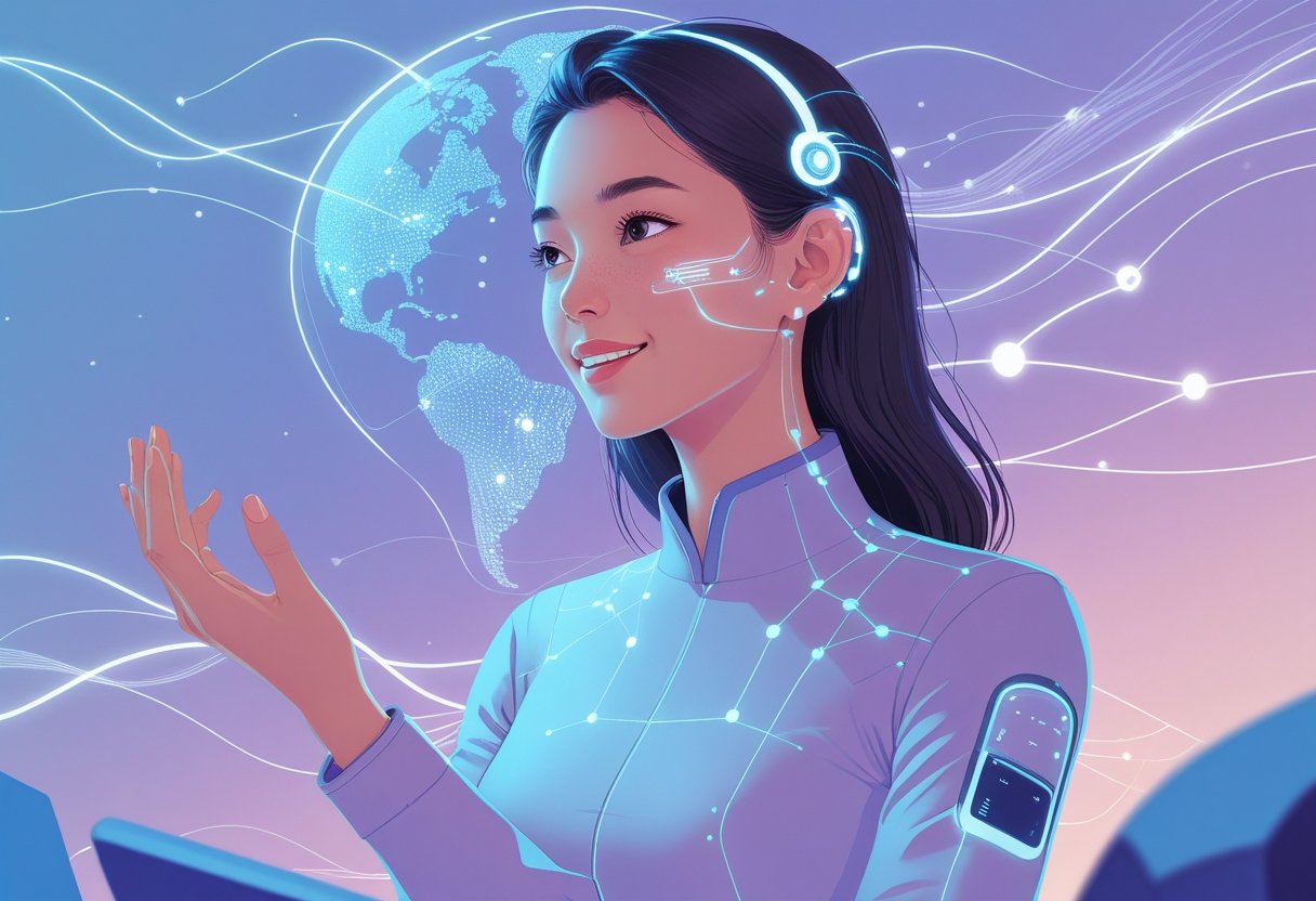 Nuori nainen, jolla on futuristisia teknologisia elementtejä ihollaan, keskustelee ystävällisesti taustalla digitaalinen data ja valotehosteita.